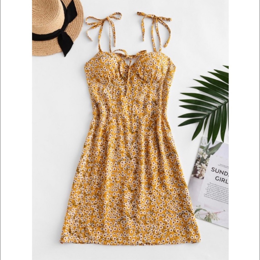 Ditsy Print Tie Shoulder Bowknot Mini Dress